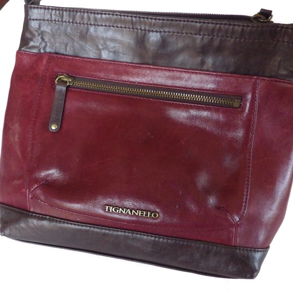 TIGNANELLO Leather Shoulder Bag/ Brown & Burgundy - Picture 2 of 8